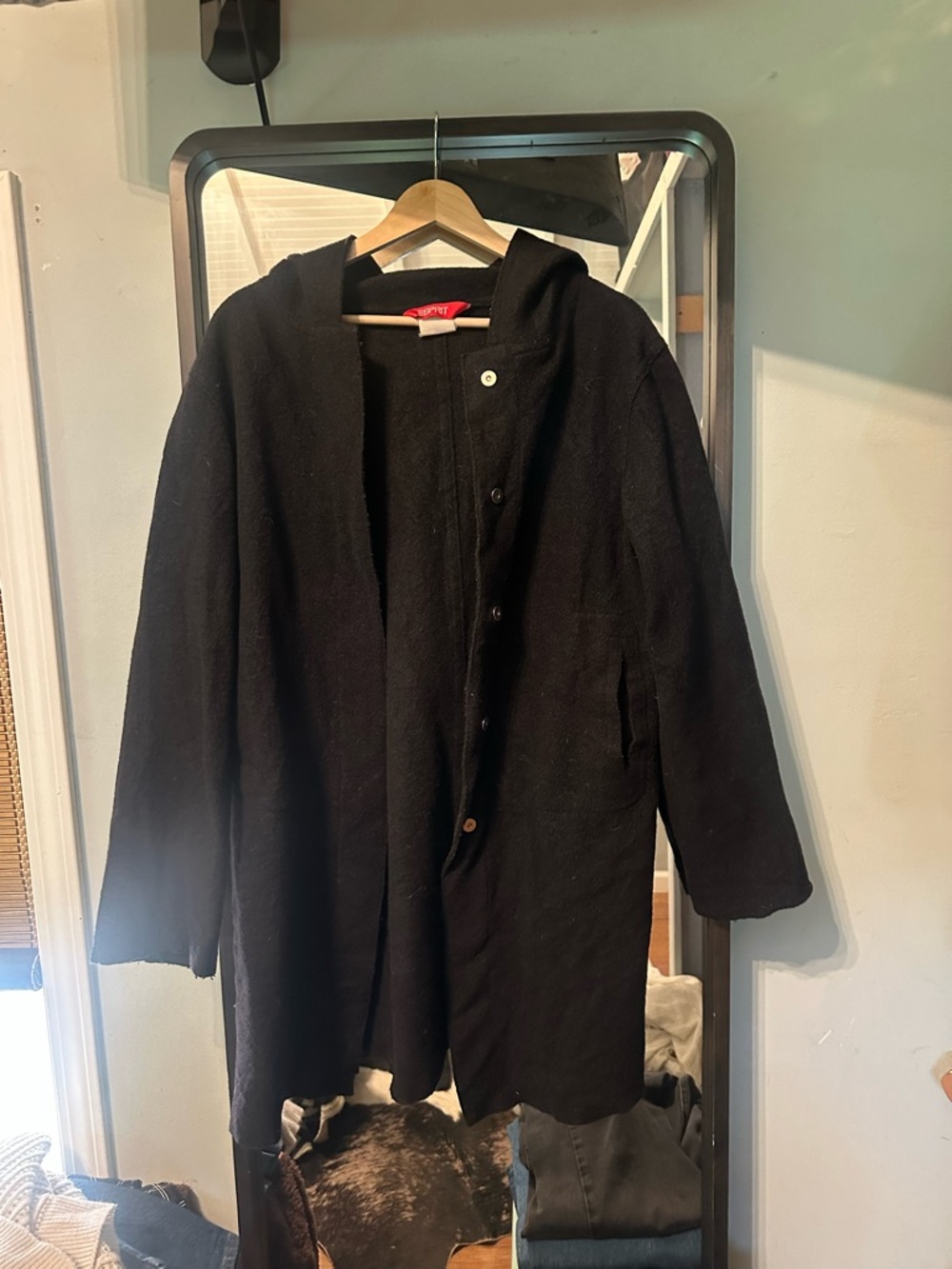 Vintage ESPRIT Black Hooded Wool-Blend Coat Lg